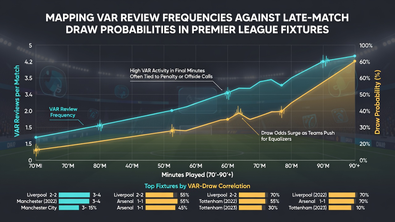 Infographic illustrating correlations between VAR interventions and late draw probabilities across Premier League seasons