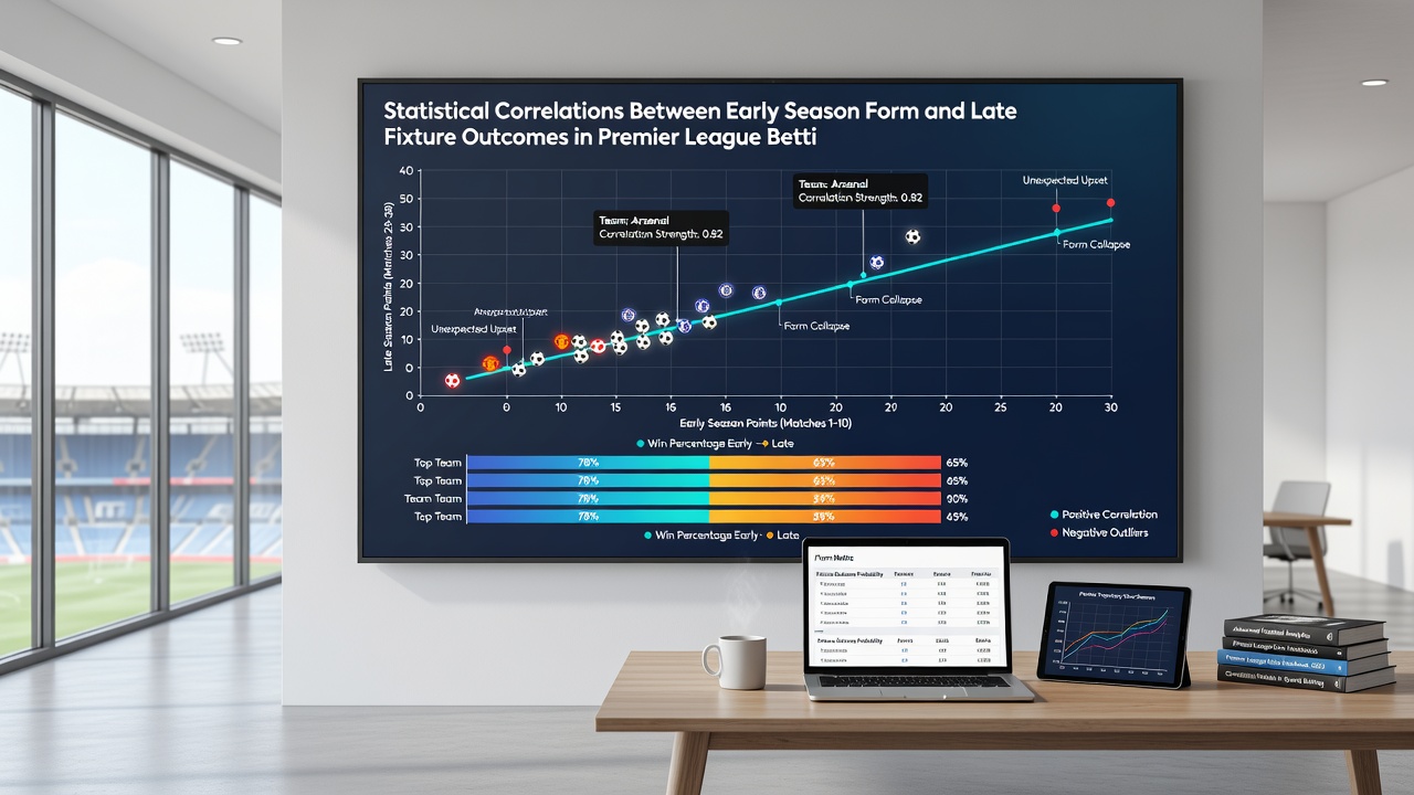 Statistical graphs and data visualizations comparing early season Premier League form with late fixture betting market outcomes